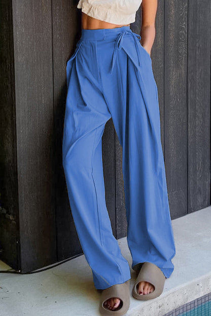 Casual Solid Frenulum Loose High Waist Straight Solid Color Bottoms(6 Colors)