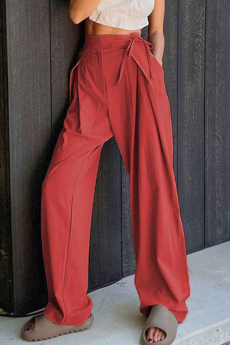 Casual Solid Frenulum Loose High Waist Straight Solid Color Bottoms(6 Colors)