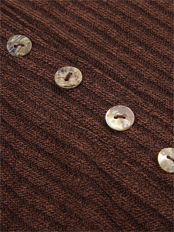 Brown Long Sleeve Knit Top with Lace Pattern and Buttons