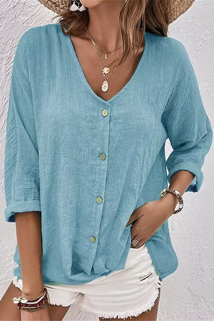Simplicity Solid Buttons V Neck Tops