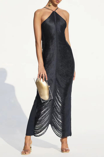 Sexy Solid Tassel Halter Sleeveless Dress Dresses( Colors)