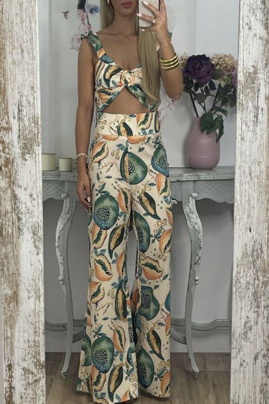 Street Print Patchwork V Neck Sleeveless Two Pieces