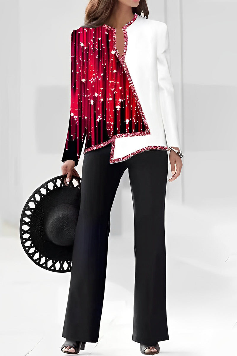 Casual Print Asymmetrical V Neck Long Sleeve Two Pieces(10 Colors)