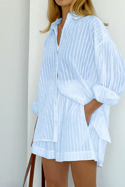 Casual Striped Patchwork Pocket Turndown Collar Long Sleeve Two Pieces