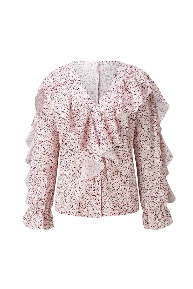 Elegant Print Floral Butterfly Print Patchwork Flounce V Neck Tops(6 Colors)