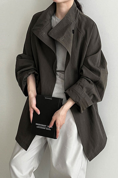 British-Style Stand-Collar Belted Mid-Length Trench Coat