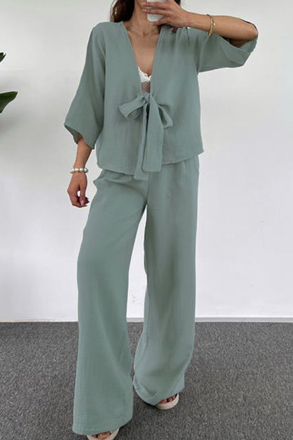 Casual Simplicity Solid Pocket V Neck Three Quarter Two Pieces
