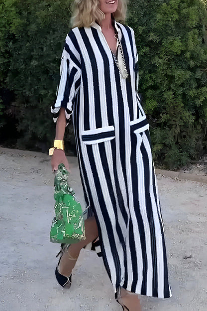 Casual Striped Pocket V Neck A Line Dresses