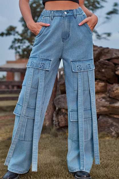 Street Solid Pocket Loose Denim Jeans
