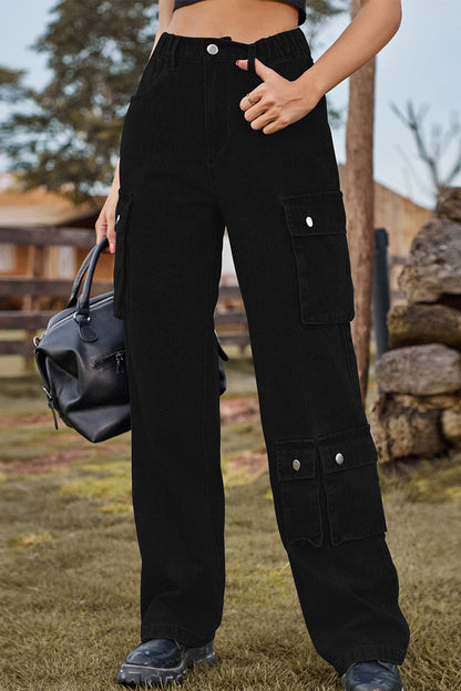 Street Solid Pocket Mid Waist Loose Denim Jeans