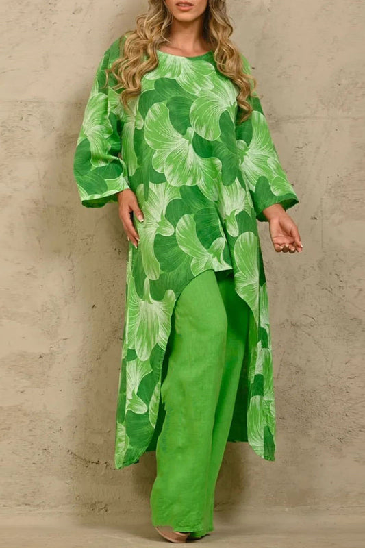 Casual Floral Asymmetrical O Neck Long Sleeve Two Pieces