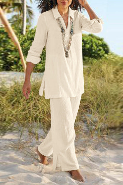 Casual Solid Slit V Neck Long Sleeve Two Pieces(4 Colors)