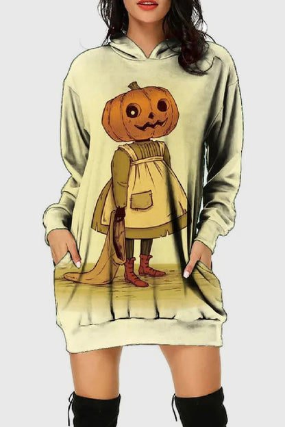 Casual Print Basic Hooded Collar Long Sleeve Dresses