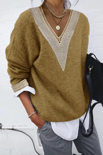 Casual Solid Patchwork V Neck Tops
