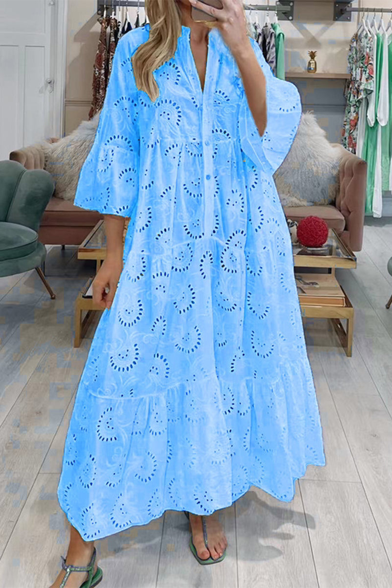 Casual Solid Hollowed Out V Neck A Line Dresses