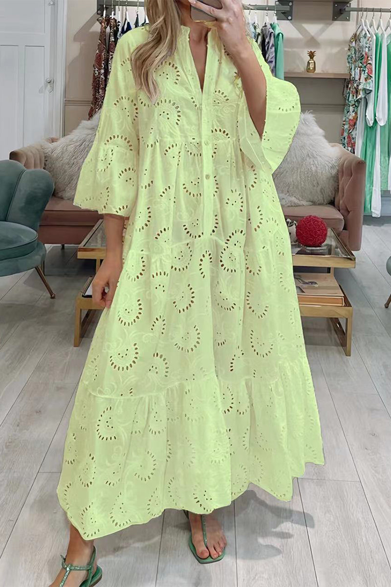 Casual Solid Hollowed Out V Neck A Line Dresses