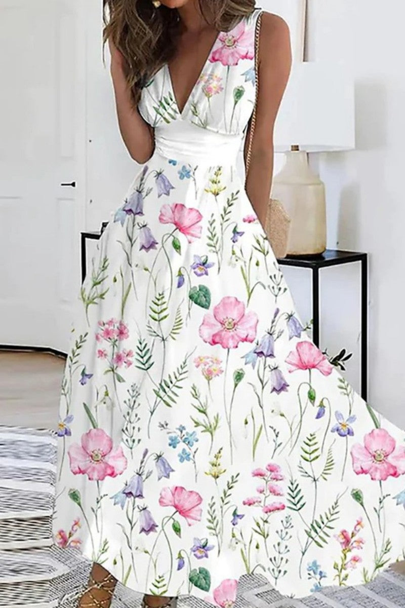 Casual Print Patchwork V Neck Sleeveless Dresses(4 Colors)