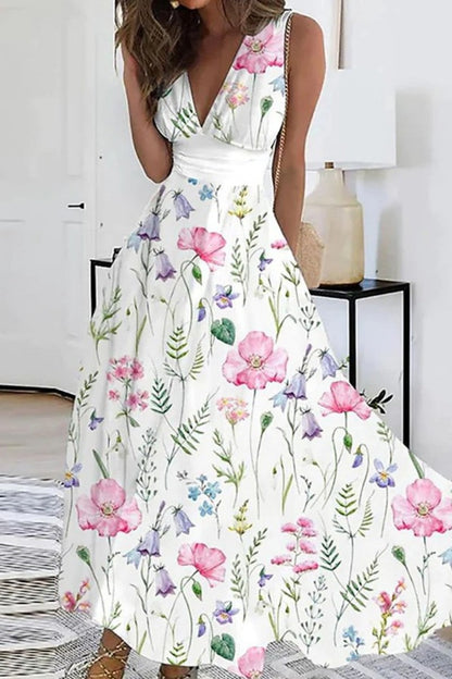 Casual Print Patchwork V Neck Sleeveless Dresses(4 Colors)