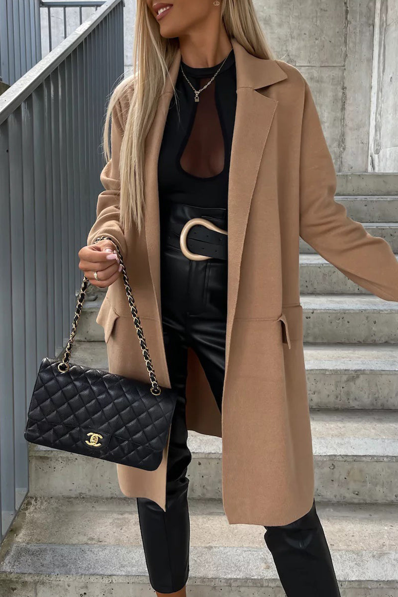 Elegant Solid Pocket Turndown Collar Outerwear