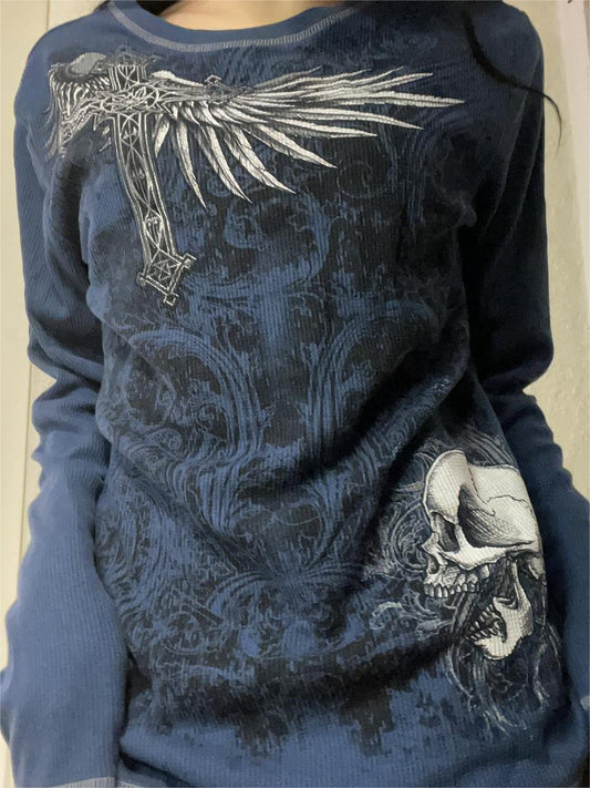 Vintage Punk Long Sleeve Knit Top with Skull Print