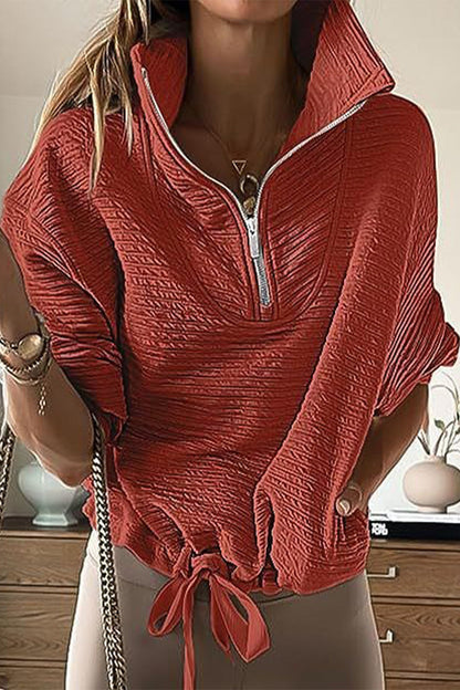 Casual Solid Draw String Zipper Turndown Collar Tops(6 Colors)