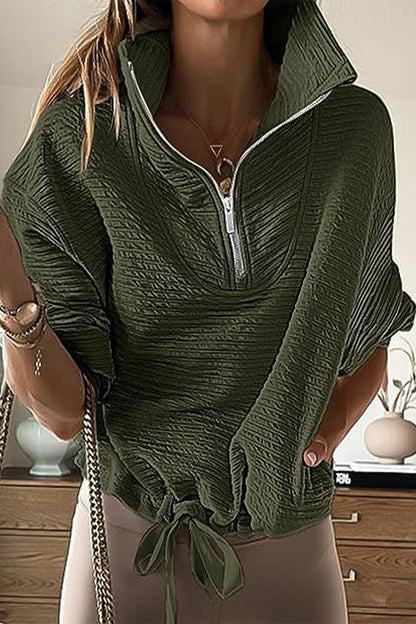 Casual Solid Draw String Zipper Turndown Collar Tops(6 Colors)
