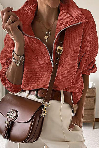 Casual Solid Draw String Zipper Turndown Collar Tops(6 Colors)