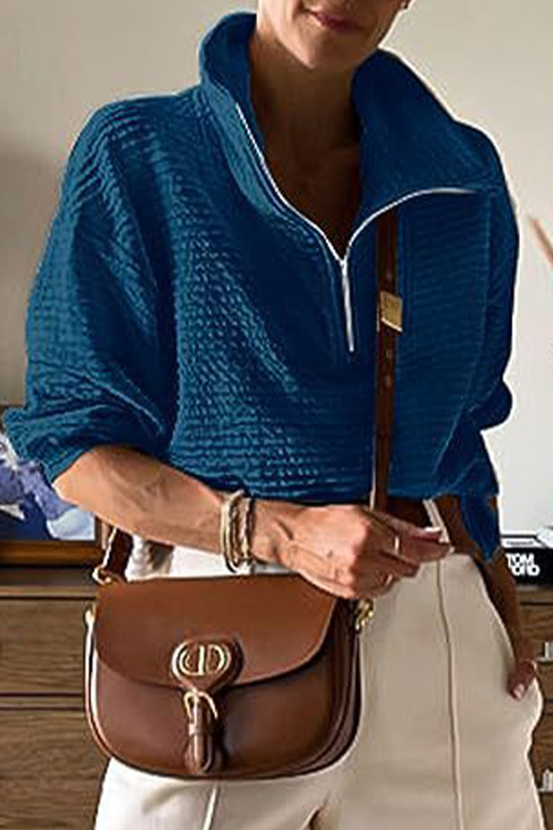 Casual Solid Draw String Zipper Turndown Collar Tops(6 Colors)
