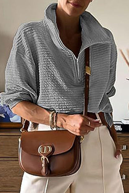 Casual Solid Draw String Zipper Turndown Collar Tops(6 Colors)