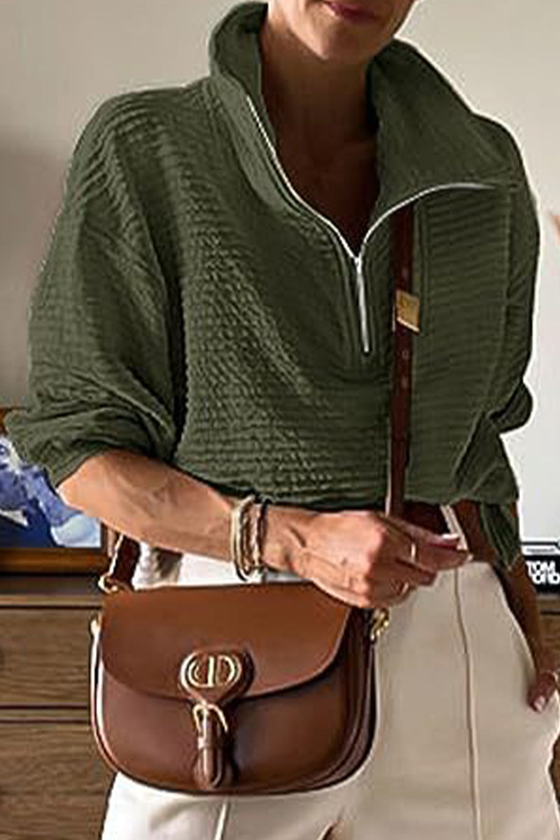 Casual Solid Draw String Zipper Turndown Collar Tops(6 Colors)