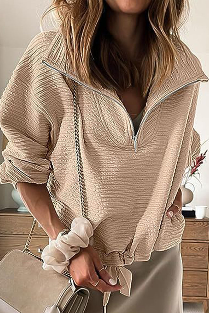Casual Solid Draw String Zipper Turndown Collar Tops(6 Colors)