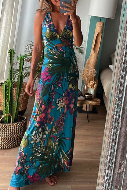 Sexy Vacation Floral Backless V Neck Printed Dress Dresses(3 Colors)