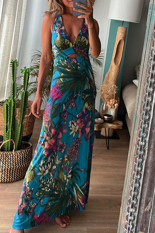 Sexy Vacation Floral Backless V Neck Printed Dress Dresses(3 Colors)