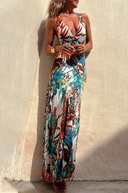 Sexy Vacation Floral Backless V Neck Printed Dress Dresses(3 Colors)