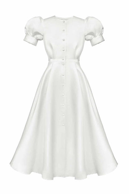 Elegant Solid Buckle O Neck A Line Short Sleeve Dress(5 Colors)