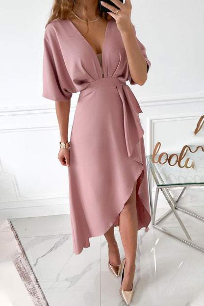 Elegant Solid Asymmetrical V Neck Irregular Dress Dresses