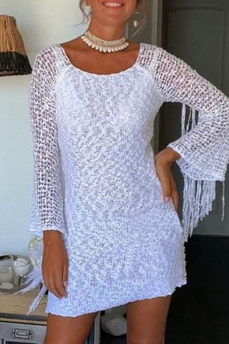 Sexy Solid Tassel Hollowed Out O Neck Wrapped Skirt Dresses