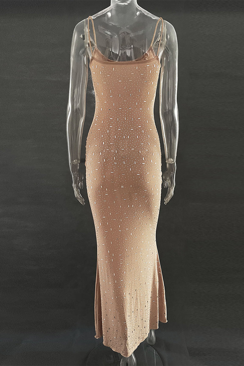 Sexy Solid See-through Hot Drill U Neck Sling Dress Dresses(5 Colors)