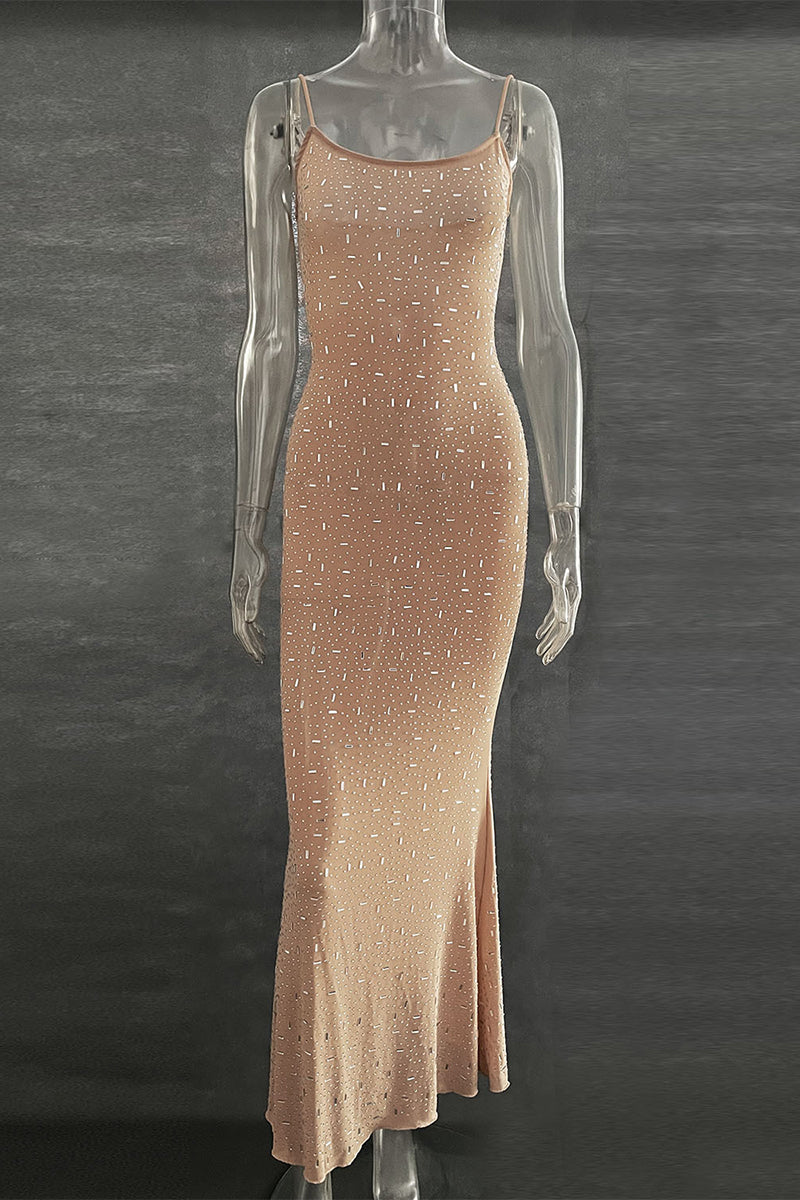 Sexy Solid See-through Hot Drill U Neck Sling Dress Dresses(5 Colors)