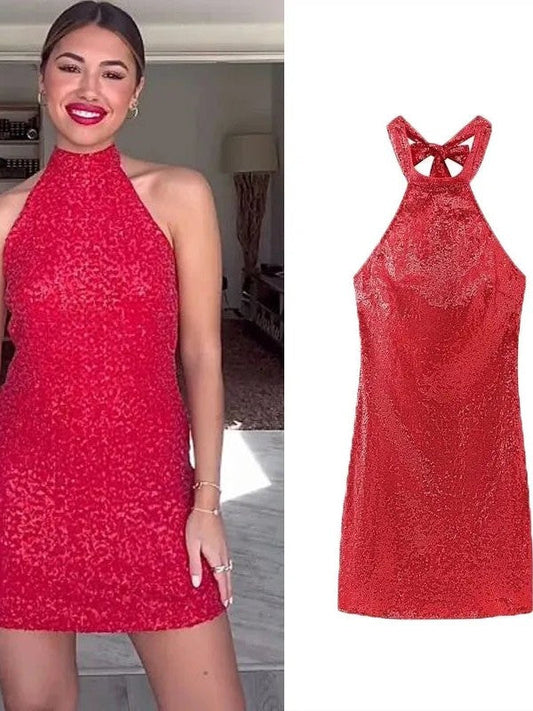 Black & Red Halter Neck Sequins Short Dress