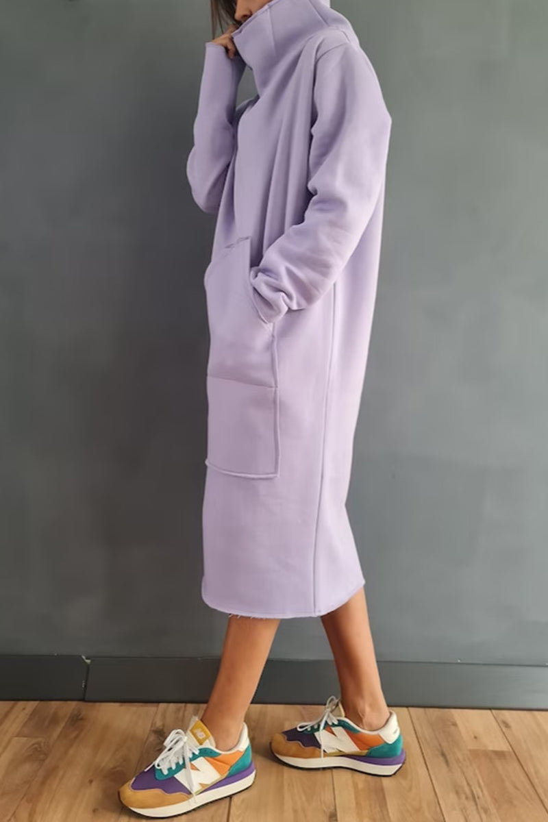 Casual Solid Pocket Turtleneck Long Sleeve Dresses