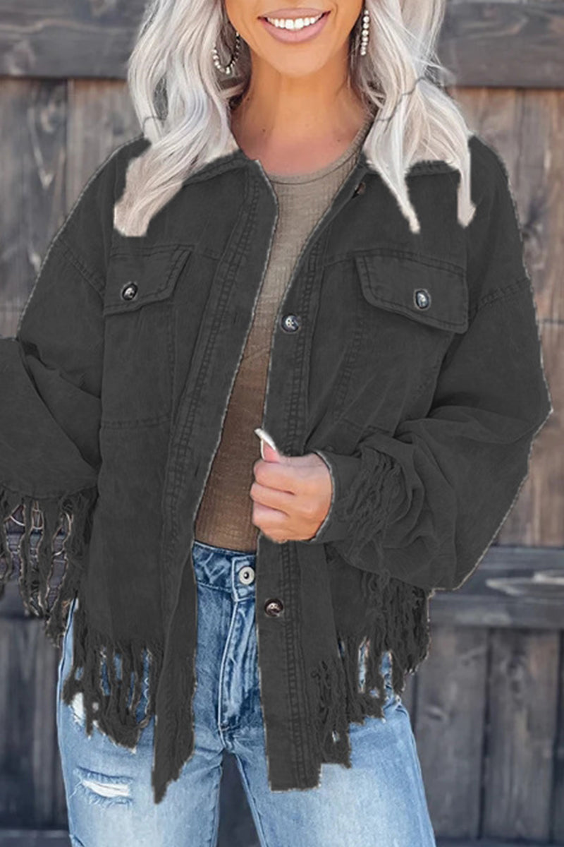 Casual Solid Tassel Asymmetrical Turndown Collar Outerwear