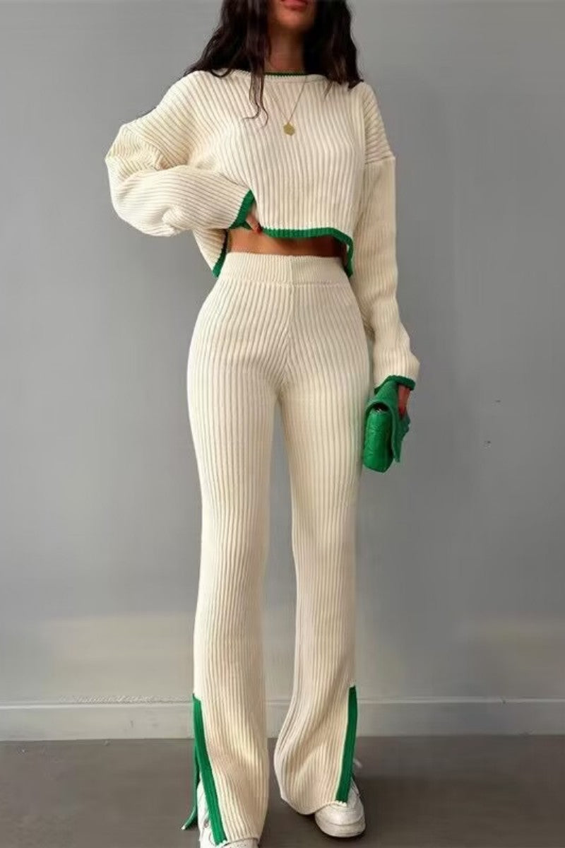 Casual Solid Patchwork O Neck Long Sleeve Two Pieces