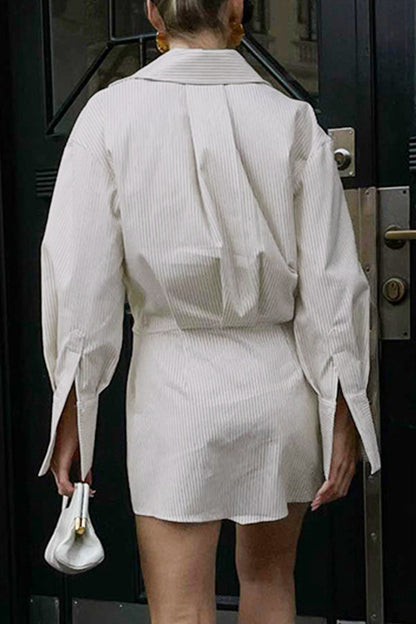 Elegant Striped Patchwork Buttons Turndown Collar Shirt Dress Dresses