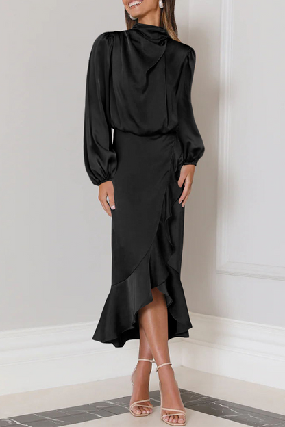 Satin Mock Neck Bishop Sleeve Wrap Ruffle Hem Midi Skirt Two Piece Set