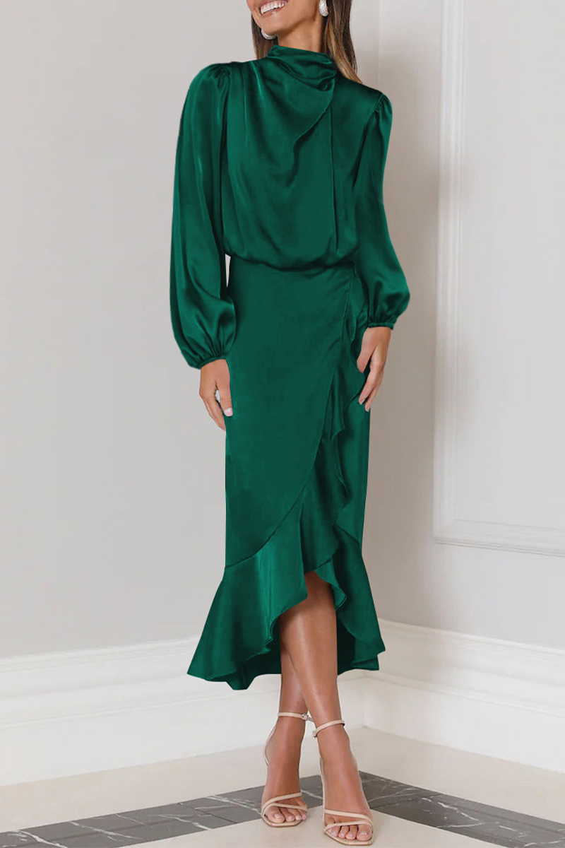 Satin Mock Neck Bishop Sleeve Wrap Ruffle Hem Midi Skirt Two Piece Set