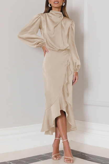 Satin Mock Neck Bishop Sleeve Wrap Ruffle Hem Midi Skirt Two Piece Set