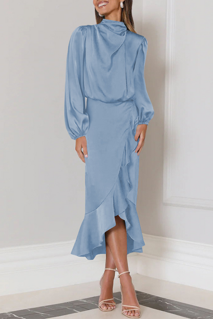 Satin Mock Neck Bishop Sleeve Wrap Ruffle Hem Midi Skirt Two Piece Set