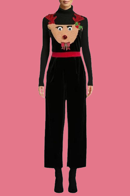 Casual Wapiti Snowflakes Christmas Tree Printed Patchwork Square Collar Loose Jumpsuits