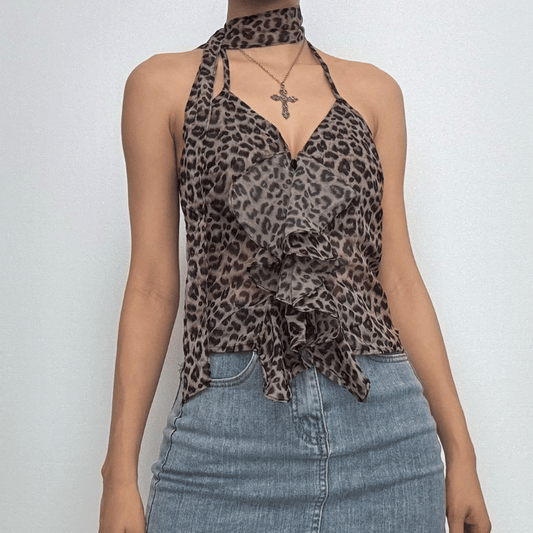 Halter leopard print ruffle chiffon top